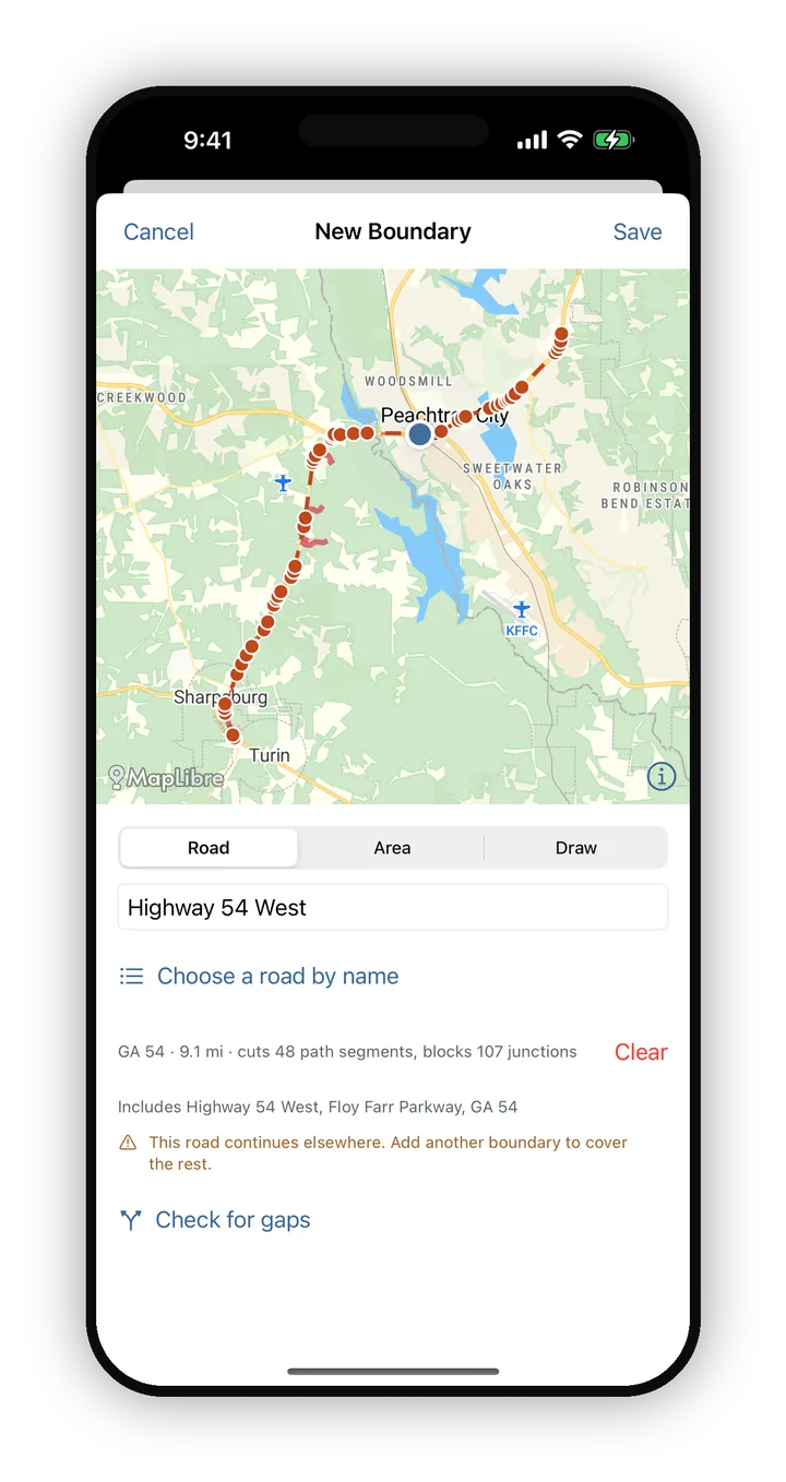 Cruze Cart showing a family boundary drawn across the map with a route planned around it