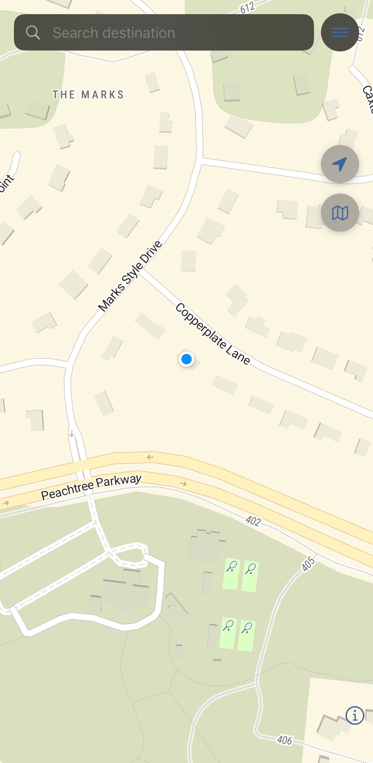 Cruze Cart golf cart navigation app showing turn-by-turn directions on a cart path map